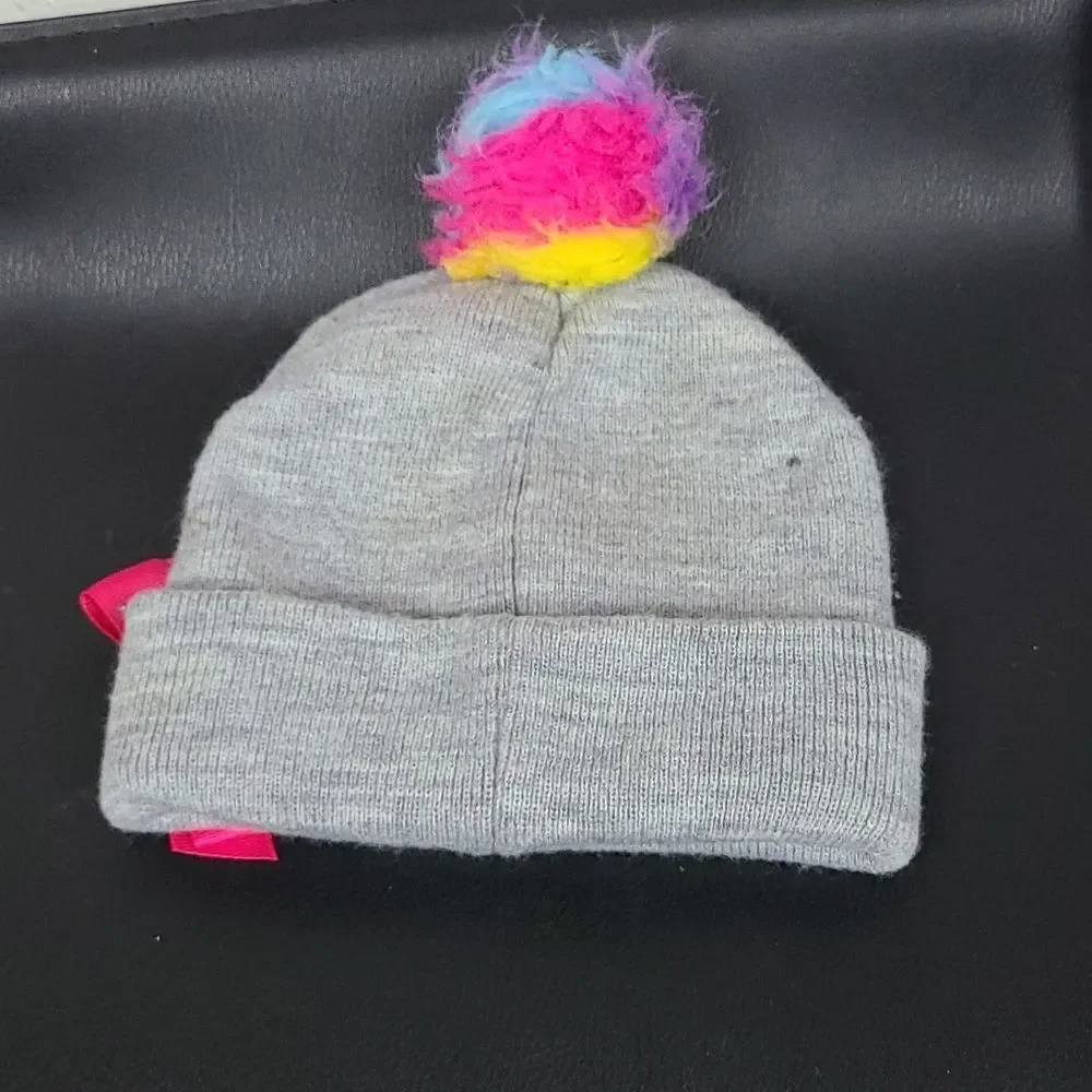 JoJo Siwa Beanie Girls Gray Rainbow Pom Pink Bow Glitter Nickelodeon Y2K Hat